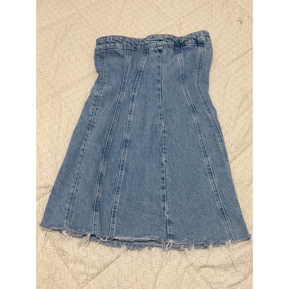 Zara Corset Strapless Denim Mini Dress Blue Distressed Raw Hem Medium US M